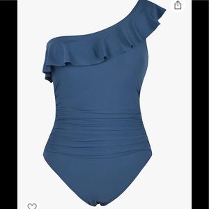 Swimsuit One piece monokini with ruffle trim in blue ruched size 10-12